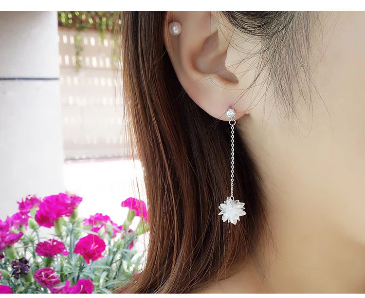 925 Sterling Silver Zircon  Long Tassel Pearl Drop Earrings