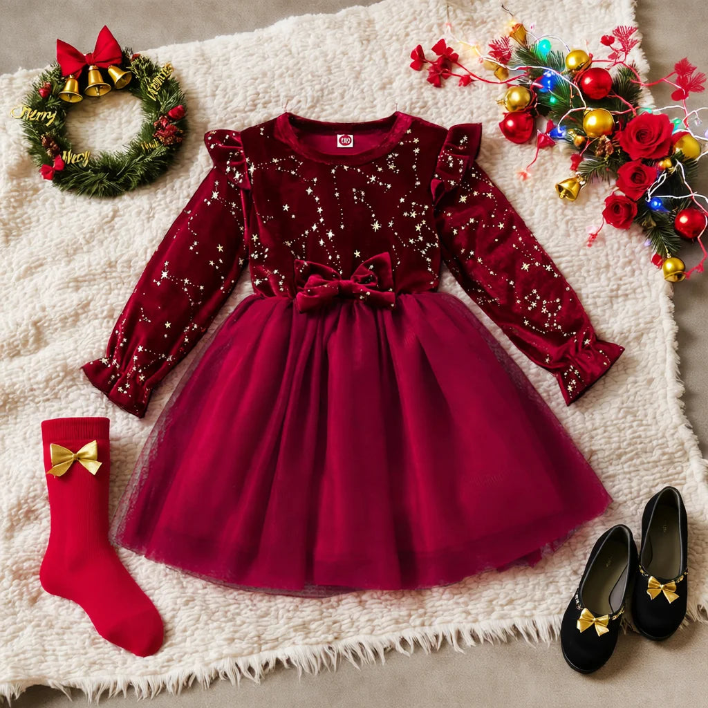 Velvet Long Sleeved Mesh Bow Princess Dress