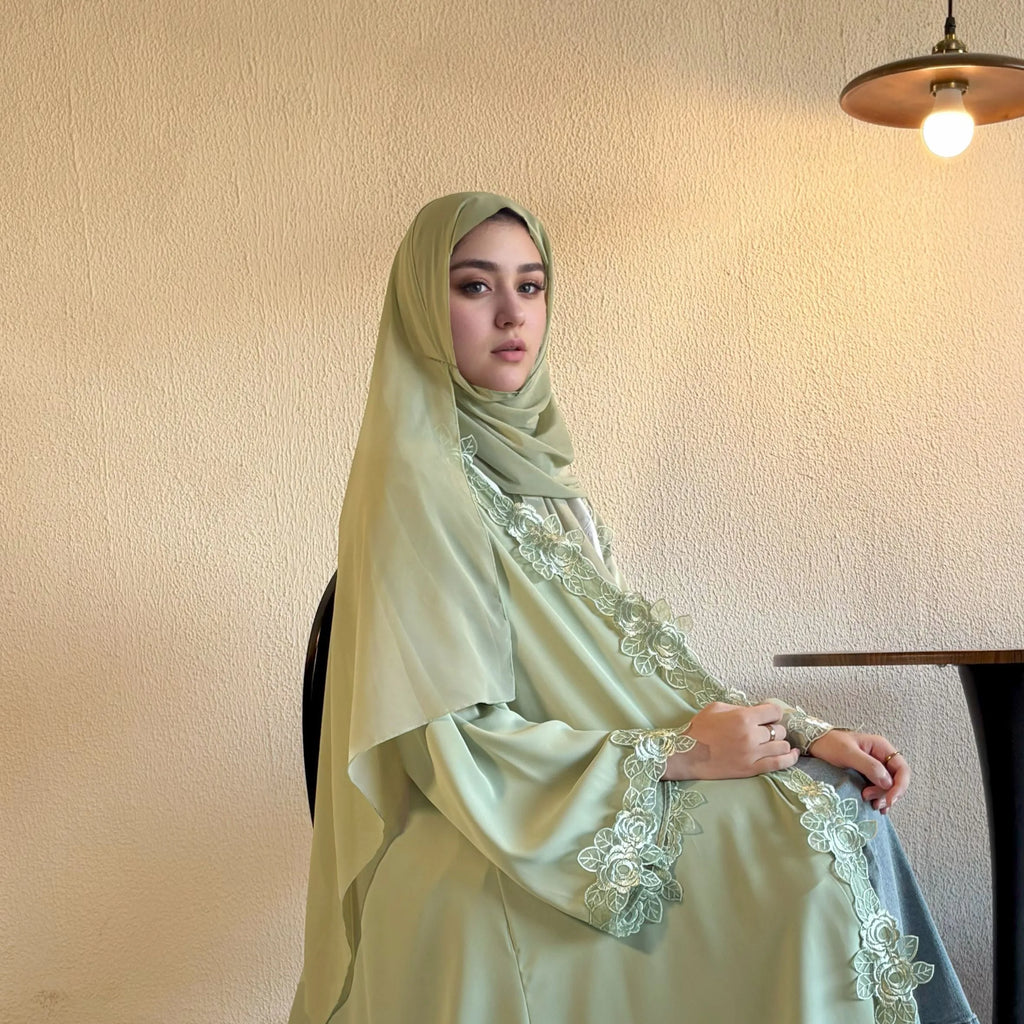 Soft Sage Green Abaya Set with 3D Lace Rose Embroidery