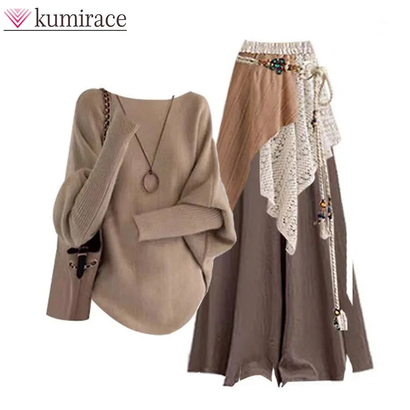 Lazy Style Knitted Shirt, Lace Draped Casual Skirt and Pants Set, Women's Autumn and Winter Atmosphere, Relaxed Wearing Style