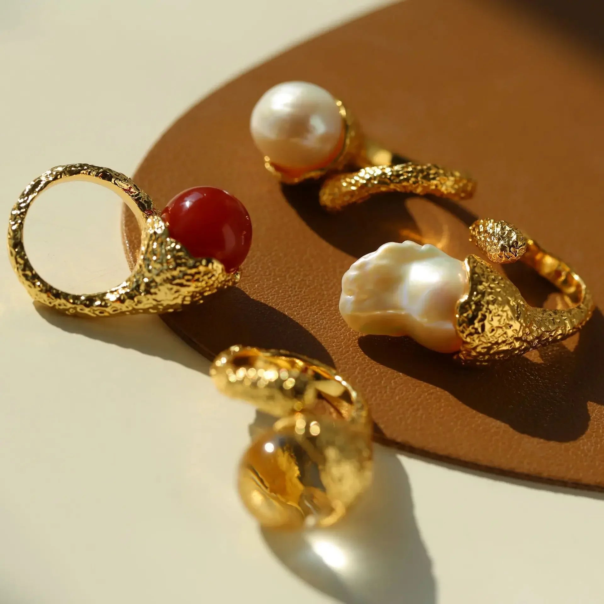 Pearl Red Agate Crystal 18K Gold Plated Ring