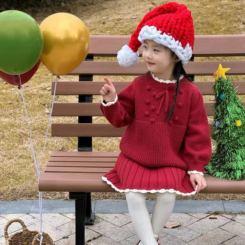 Knitted Pullover+Pleated Skirt Set