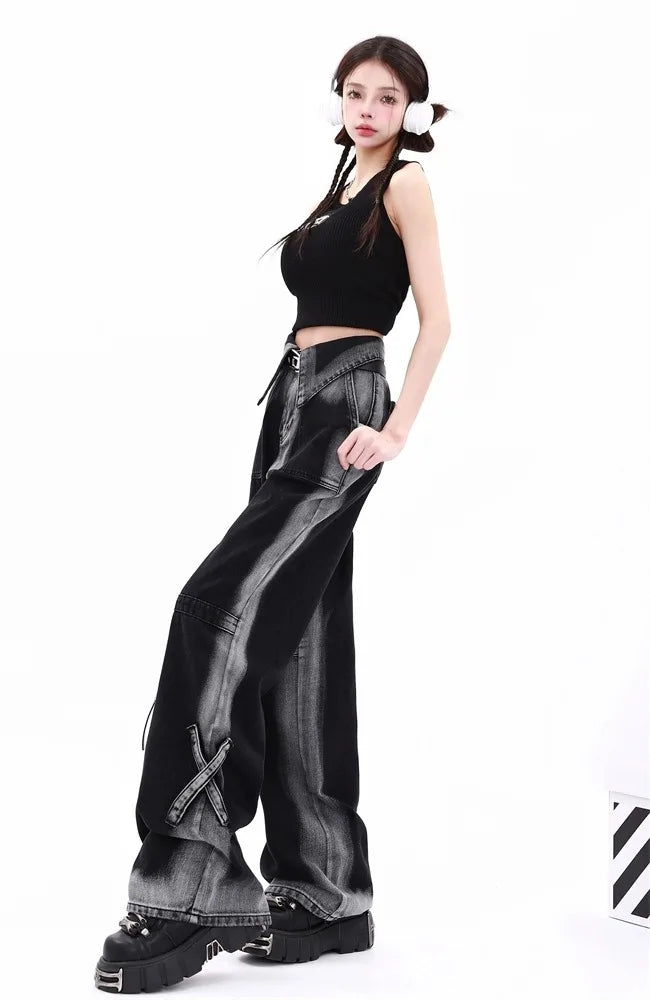 High Waist Gradient Color Block Denim Pants