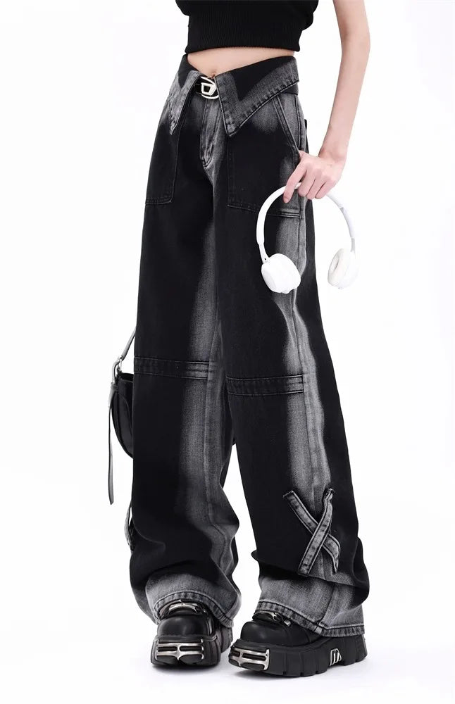 High Waist Gradient Color Block Denim Pants