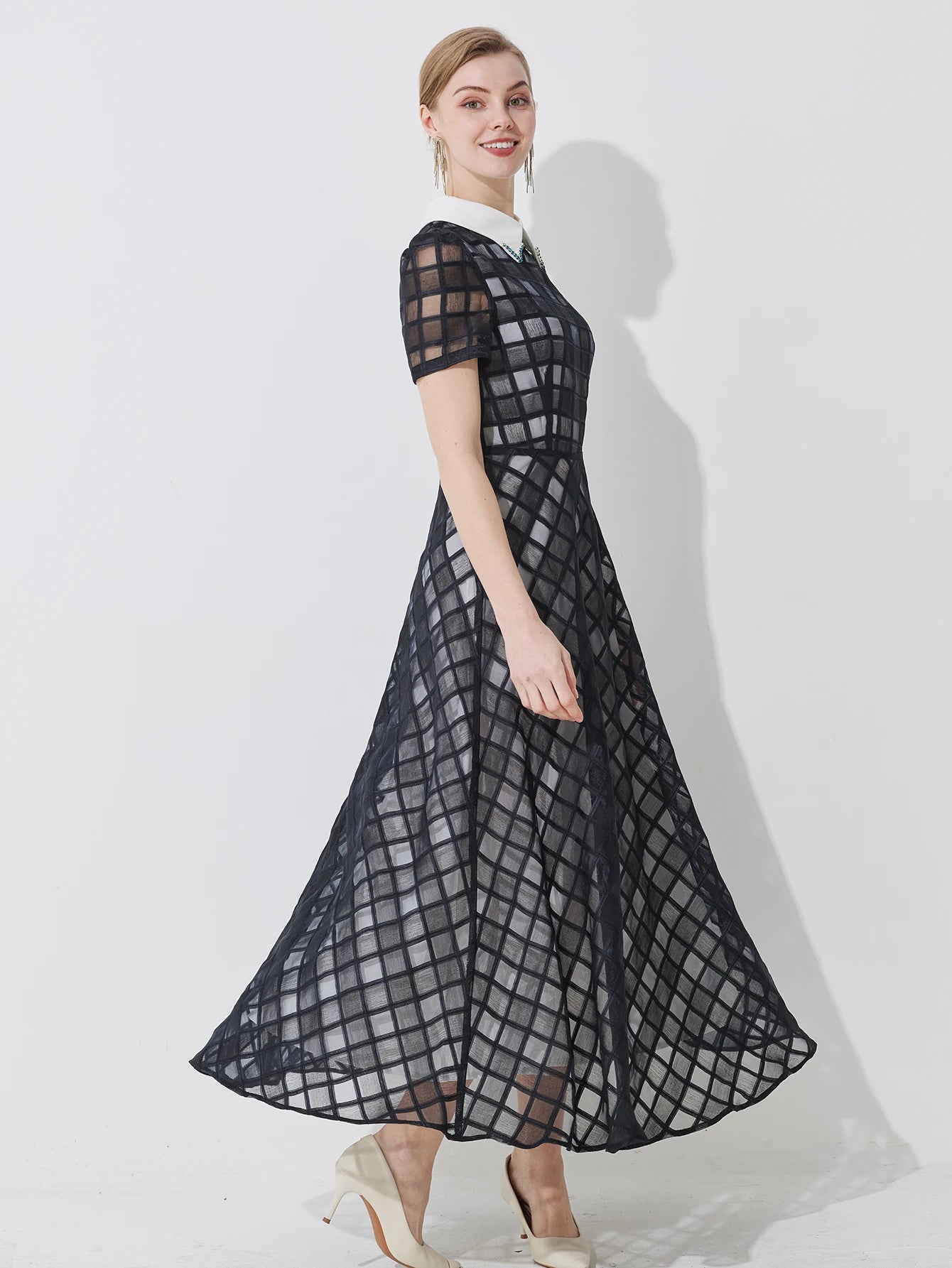 Plaid Dress Lapel A-Line Long Dress