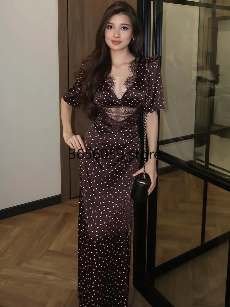 Brown Polka Dot Print Maxi Dress