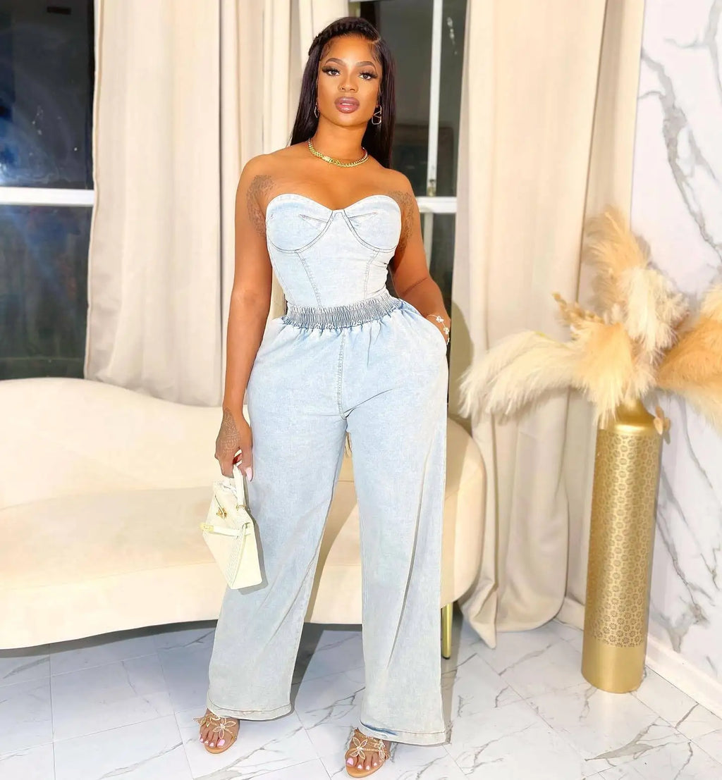 Denim Ensemble Strapless Top Sleeveless Backless Zipper Elastic Waist Jeans 2 Piece Set