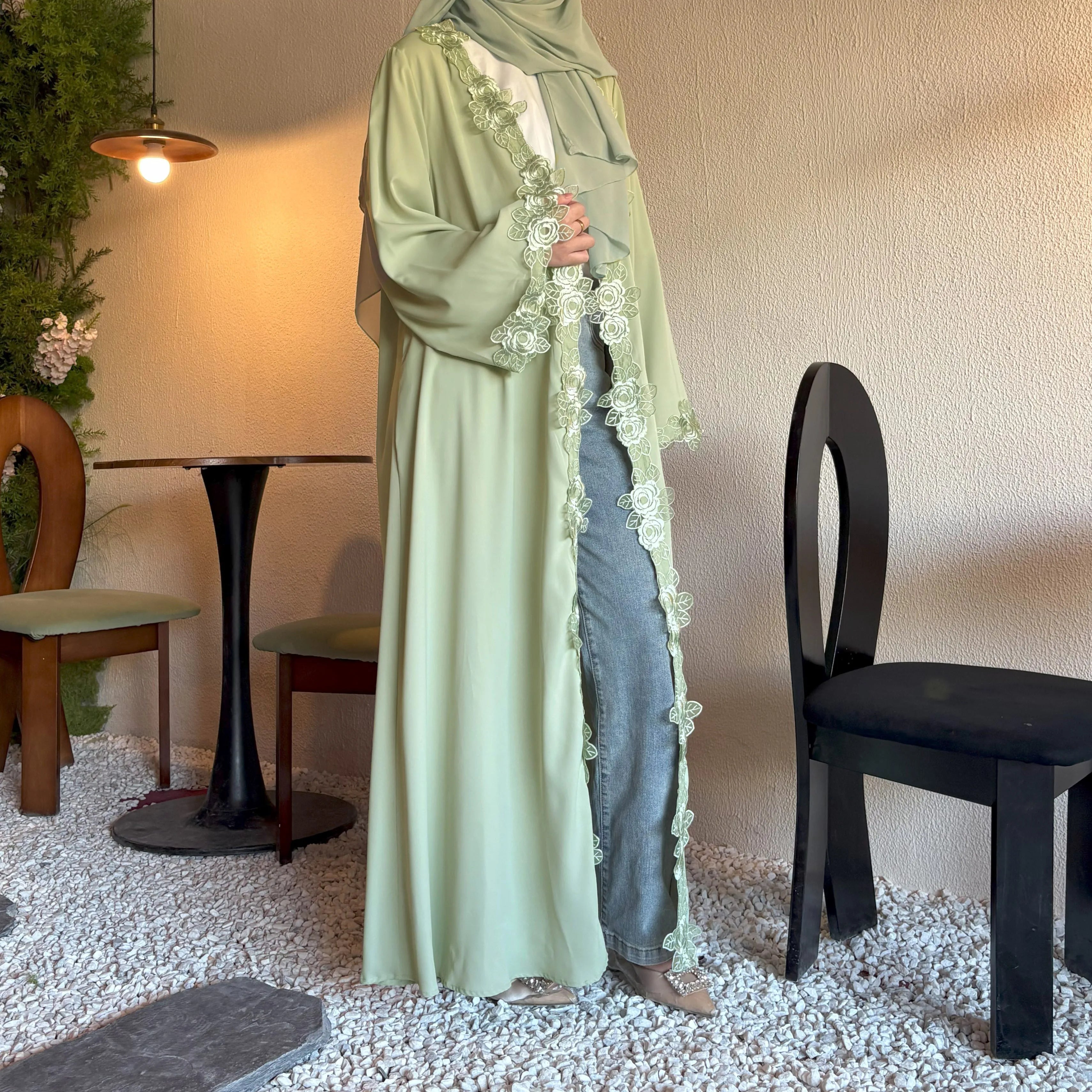 Soft Sage Green Abaya Set with 3D Lace Rose Embroidery