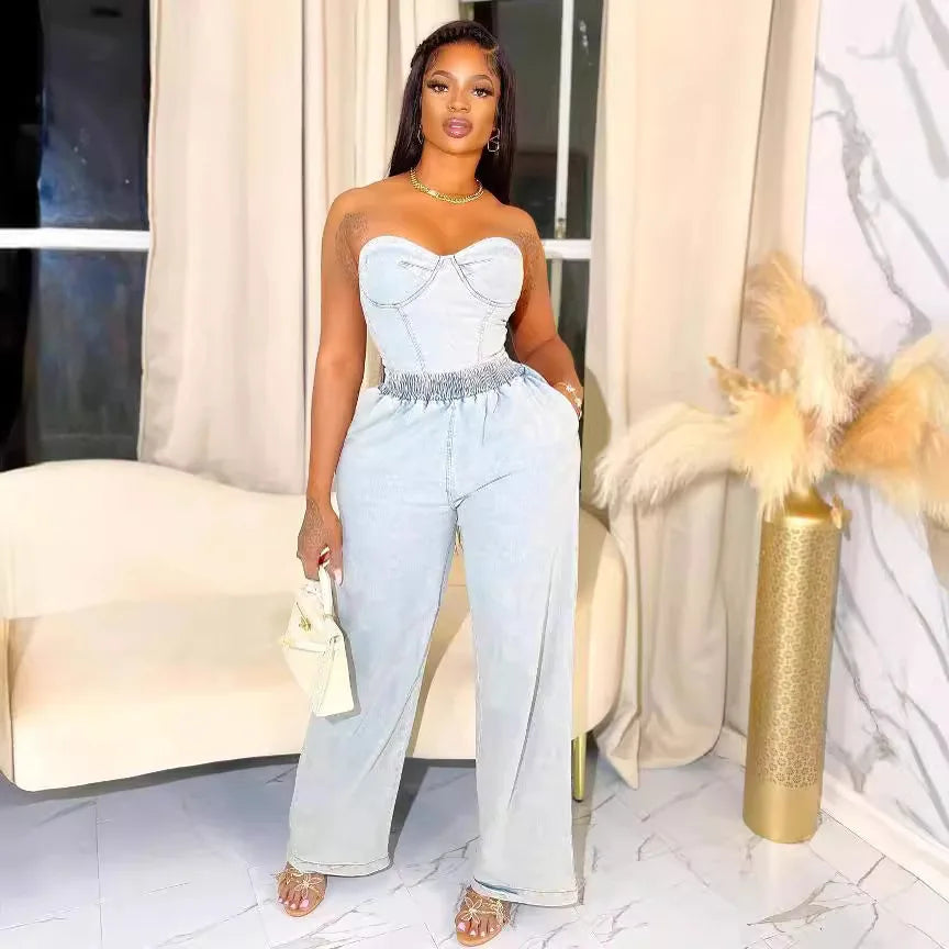 Denim Ensemble Strapless Top Sleeveless Backless Zipper Elastic Waist Jeans 2 Piece Set