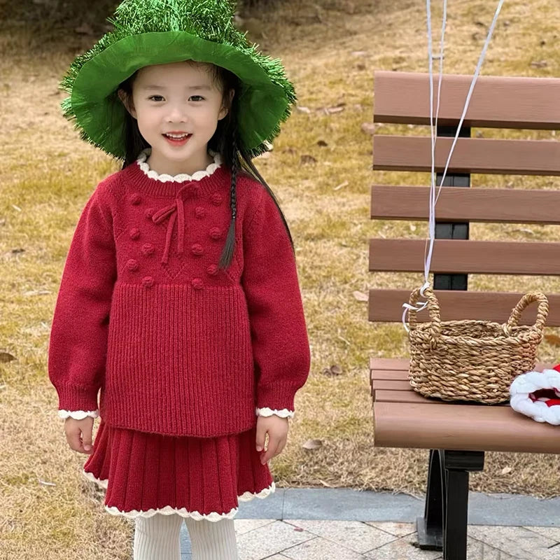 Knitted Pullover+Pleated Skirt Set