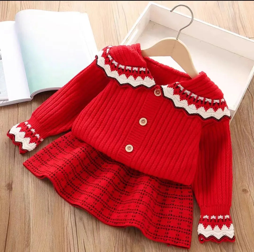 Knitted Pullover+Pleated Skirt Set