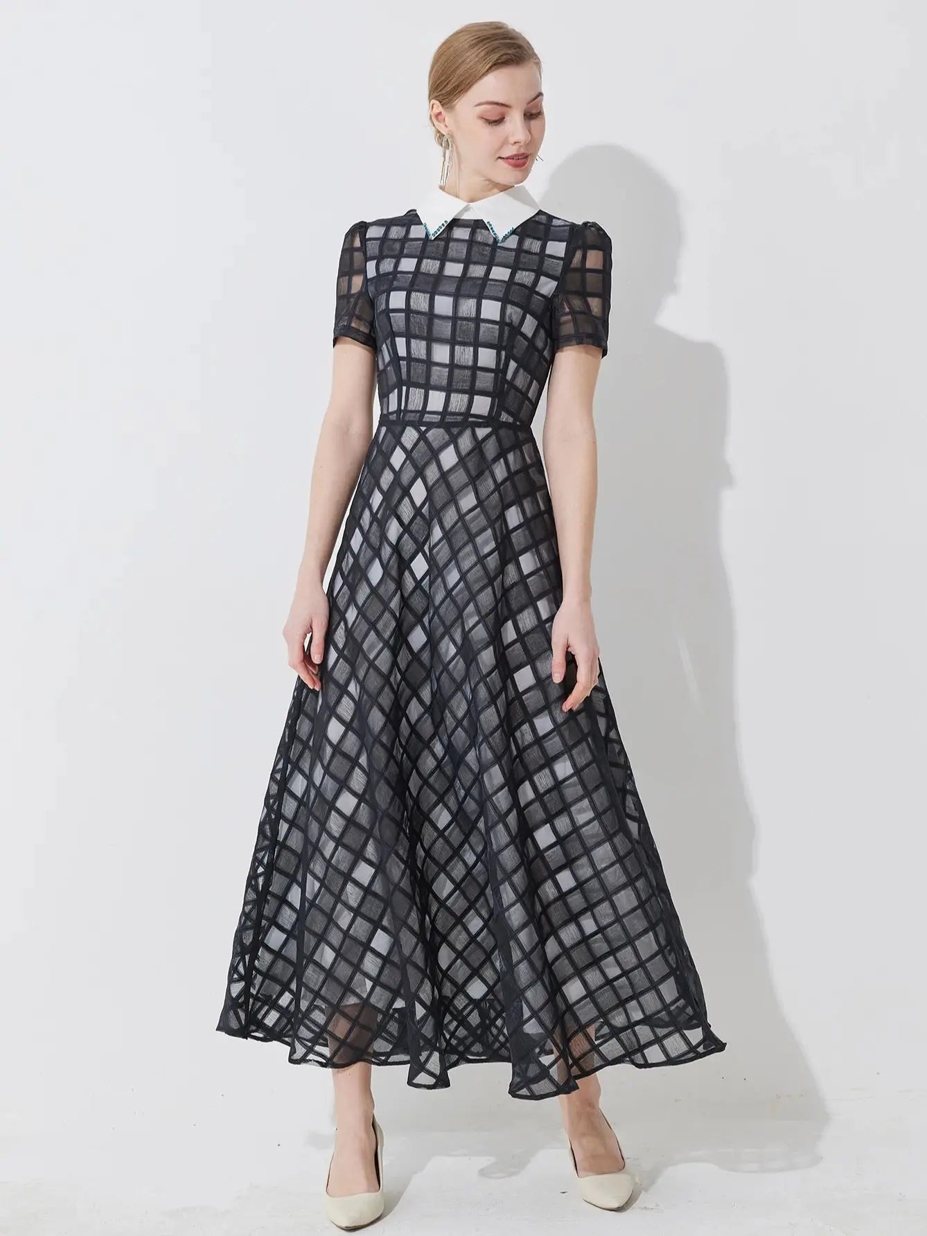 Plaid Dress Lapel A-Line Long Dress