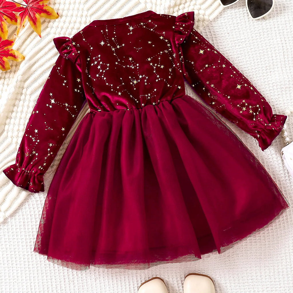 Velvet Long Sleeved Mesh Bow Princess Dress