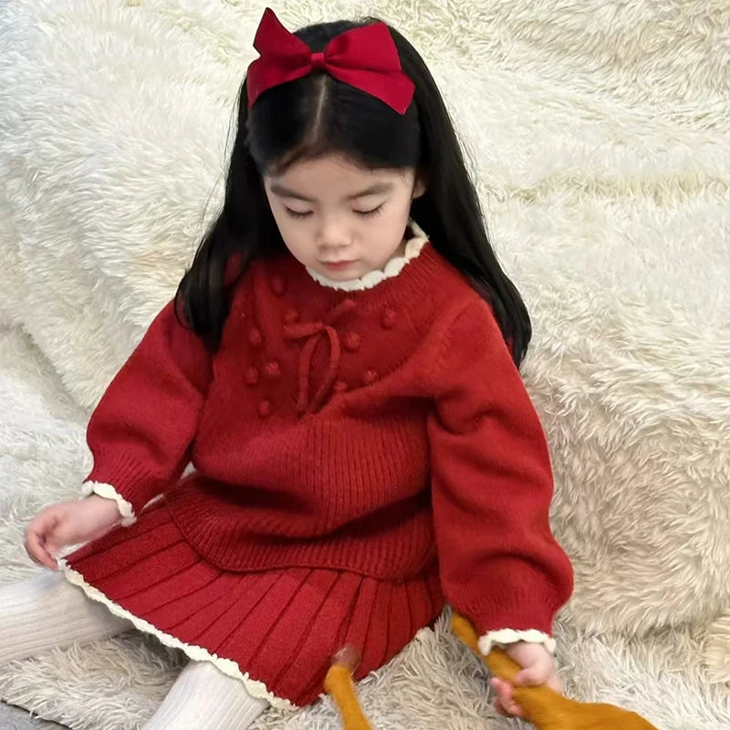 Knitted Pullover+Pleated Skirt Set