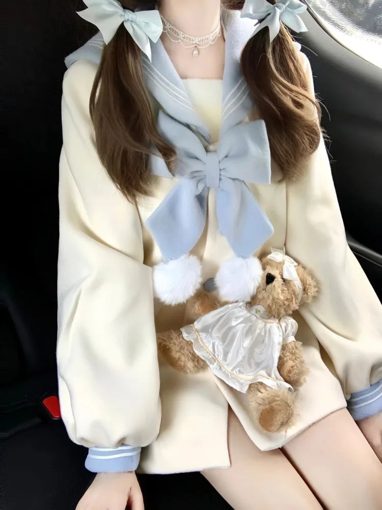 Sweet Bow Sailor Collar Black Tweed Coat