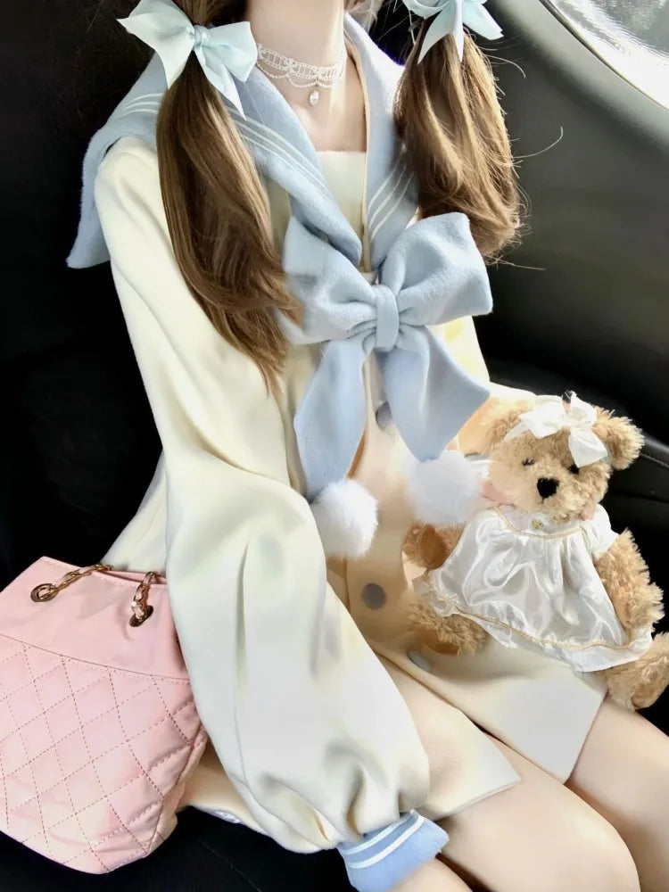 Sweet Bow Sailor Collar Black Tweed Coat