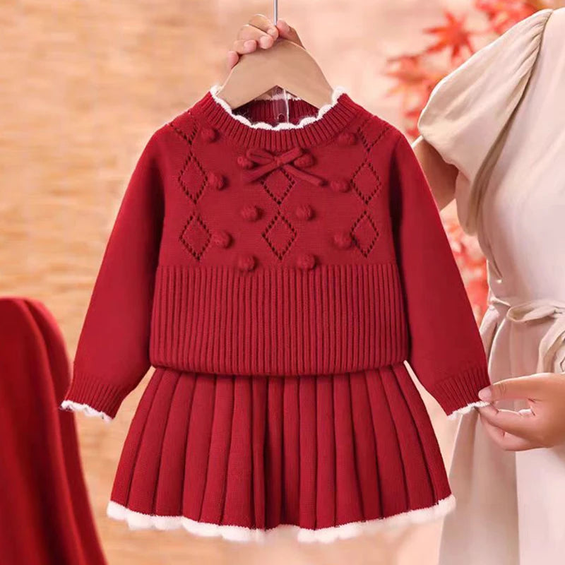 Knitted Pullover+Pleated Skirt Set