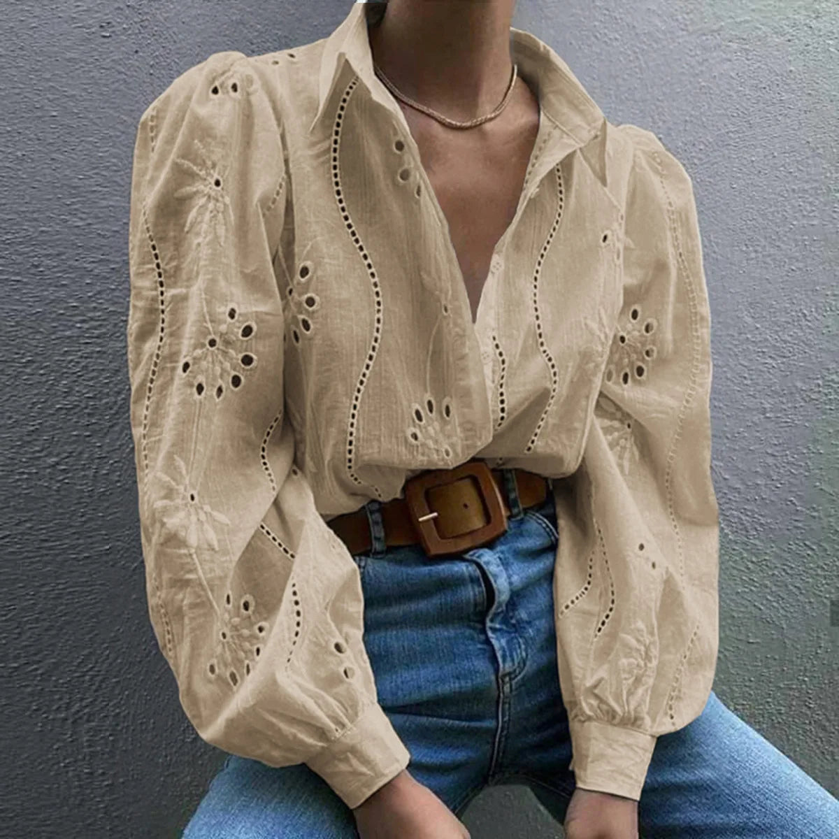 2025 Autumn New Solid Shirt Casual Loose Fashion Hollow Puff Sleeve Cardigan Tops For Women Office Black Hollow out Blouses