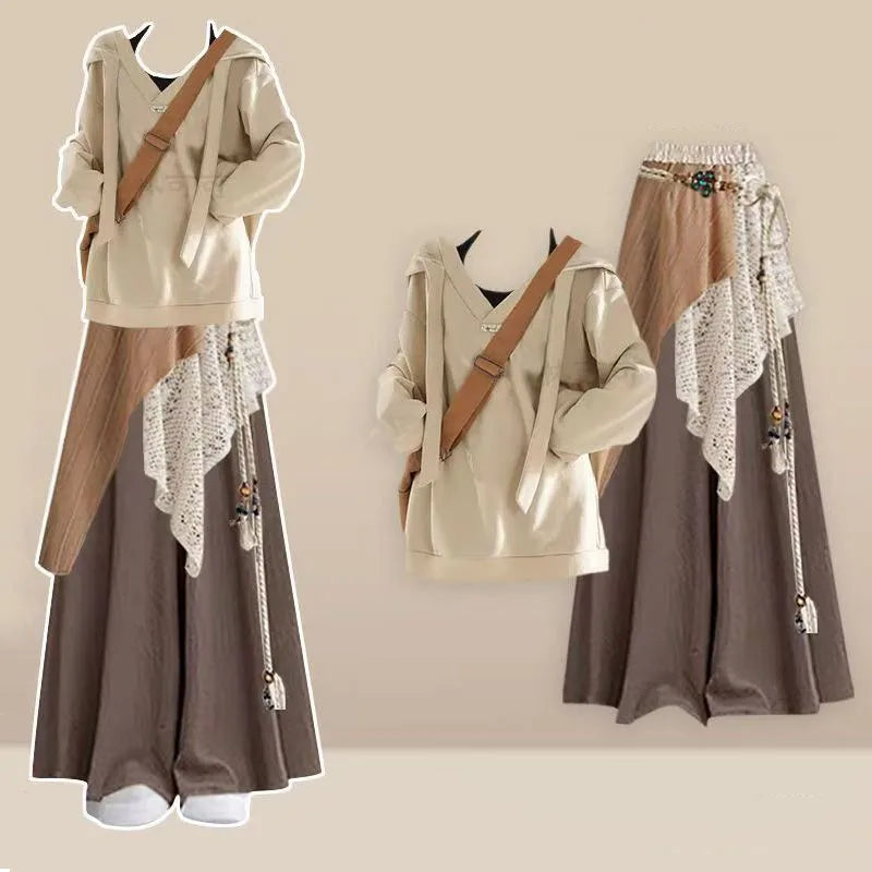 Lazy Style Knitted Shirt, Lace Draped Casual Skirt and Pants Set, Women's Autumn and Winter Atmosphere, Relaxed Wearing Style