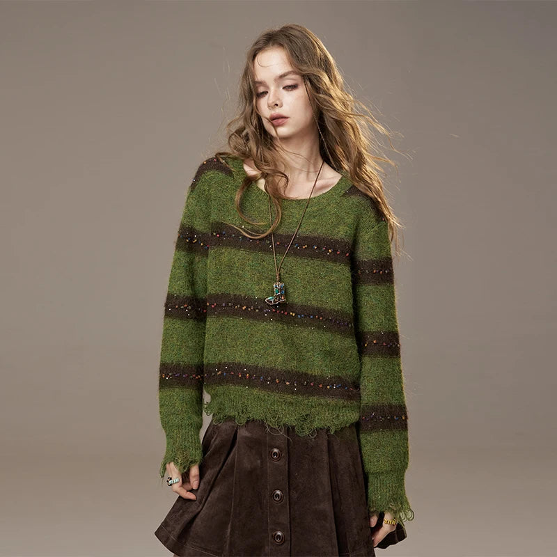 2025 Autumn New Arrivals Cute Casual Knit Color Accent V Neck Loose Cardigan Sweater For Woman