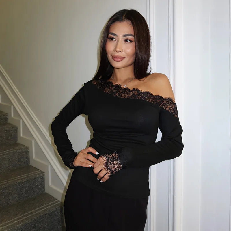 Slant Shoulder Lace T-Shirt