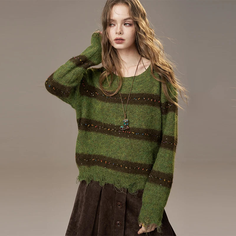 2025 Autumn New Arrivals Cute Casual Knit Color Accent V Neck Loose Cardigan Sweater For Woman