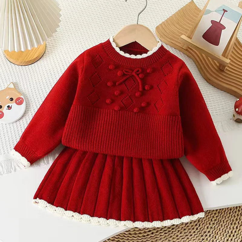 Knitted Pullover+Pleated Skirt Set