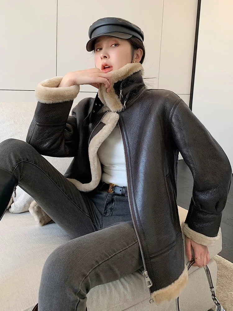 2022 Winter New Original Natural Sheepskin Fur Coat Women's Coat Thick Warm Sheep Sheared Lamb Hair Short Genuine Leather Jacket