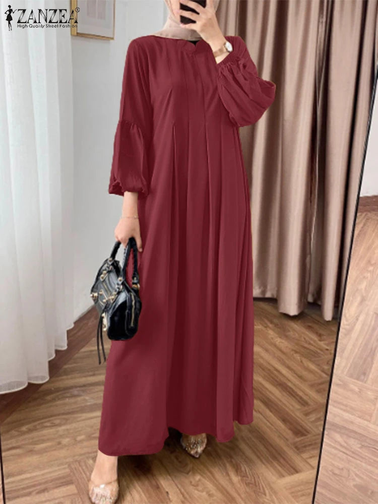 Elegant Long Sleeve Pleated Sundress Muslim Abaya