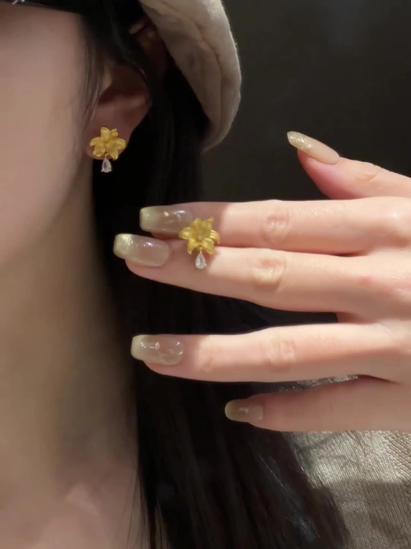 24K Gold Plated Waterdrop Crystal Tassel Flower Stud Earrings