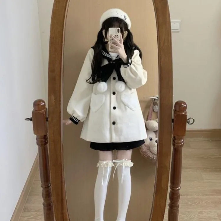 Sweet Bow Sailor Collar Black Tweed Coat