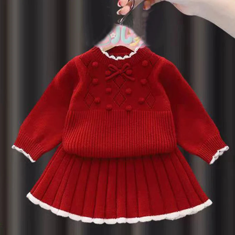 Knitted Pullover+Pleated Skirt Set