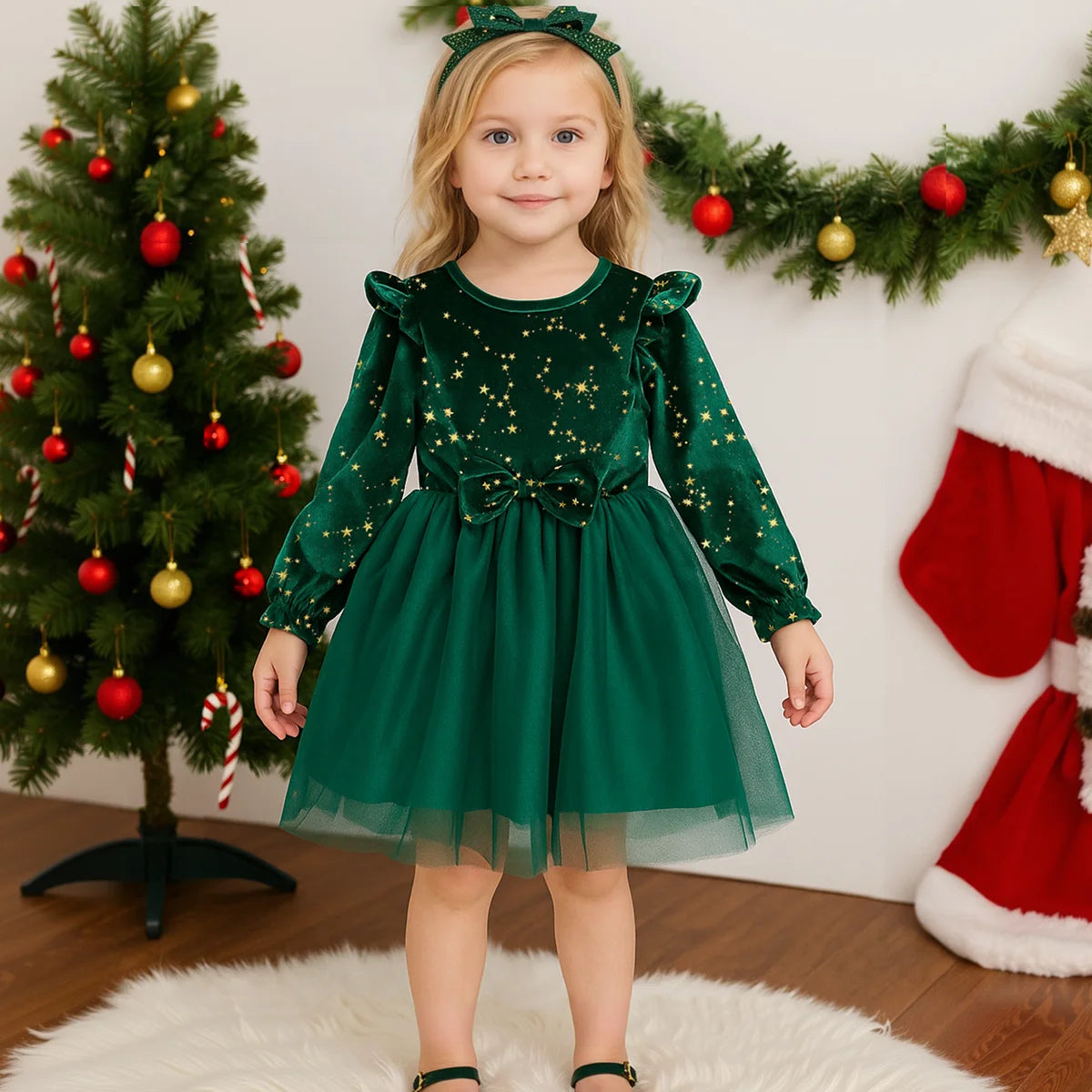 Velvet Long Sleeved Mesh Bow Princess Dress