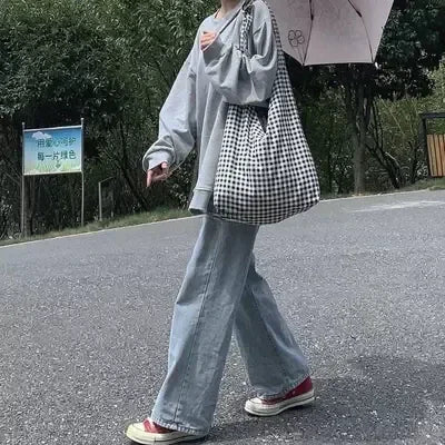 High Waist Gradient Color Block Denim Pants