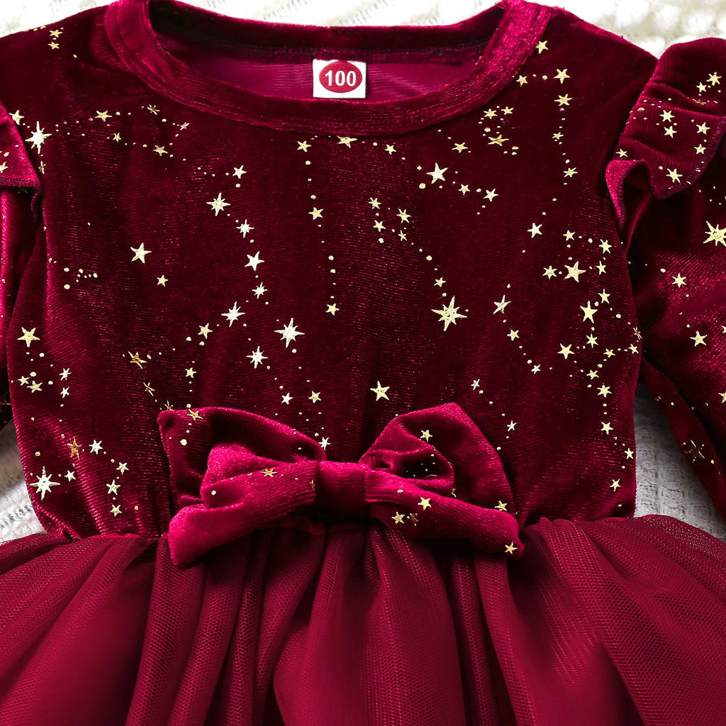 Velvet Long Sleeved Mesh Bow Princess Dress