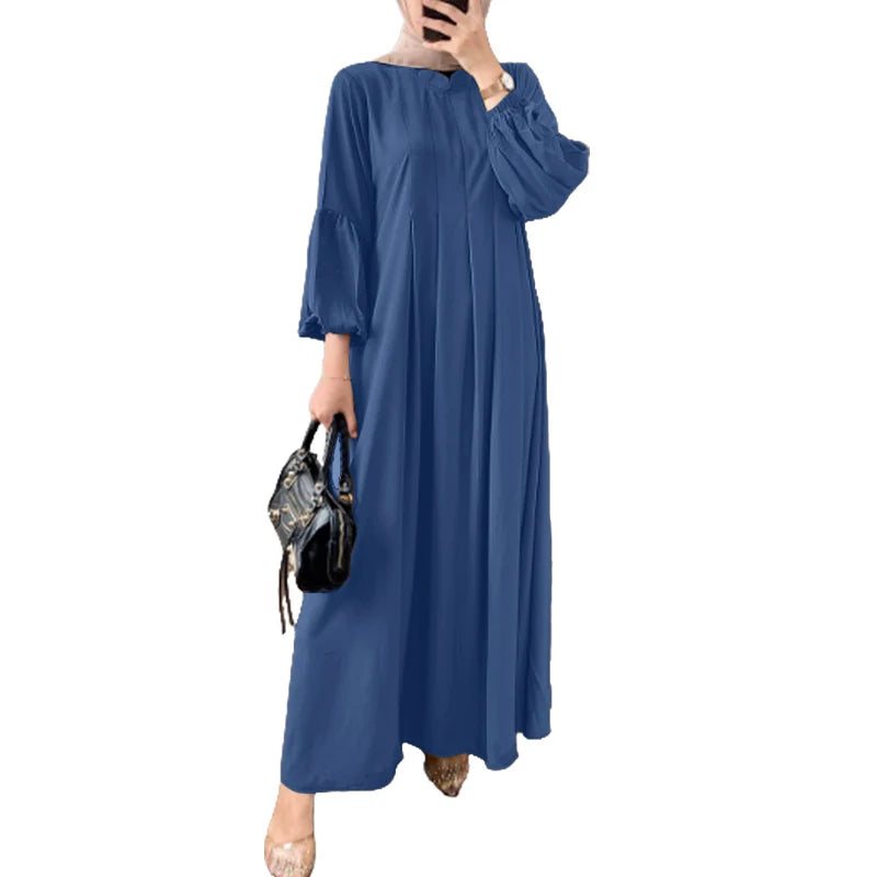 Elegant Long Sleeve Pleated Sundress Muslim Abaya